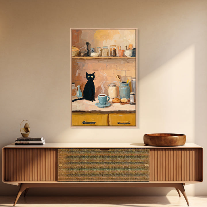 Black Cat Beside a Steaming Cup Framed Canvas Print, Coffee Shop Art, Kitchen Art, Cafe Decor, Cafe, Minimalist Wall Art, CSA-2x3-94