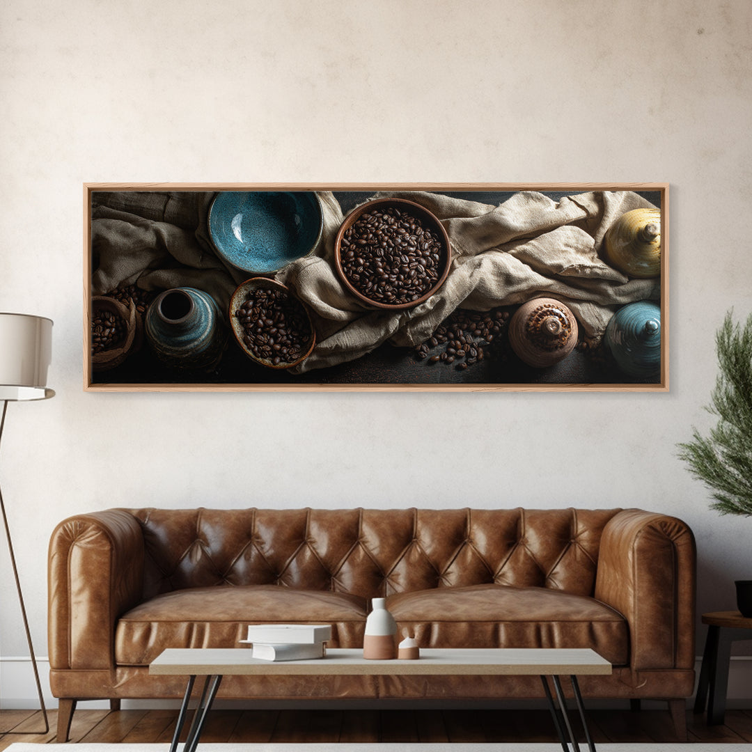 Roasted Beans Falling Through Dark Space Framed Canvas Print, Coffee Shop Art, Moody Wall Art, Cafe Decor, Fine Art, Cafe, CSA-3x1-12