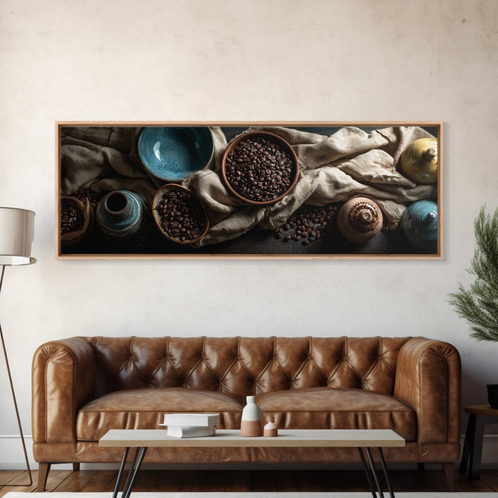 Roasted Beans Falling Through Dark Space Framed Canvas Print, Coffee Shop Art, Moody Wall Art, Cafe Decor, Fine Art, Cafe, CSA-3x1-12