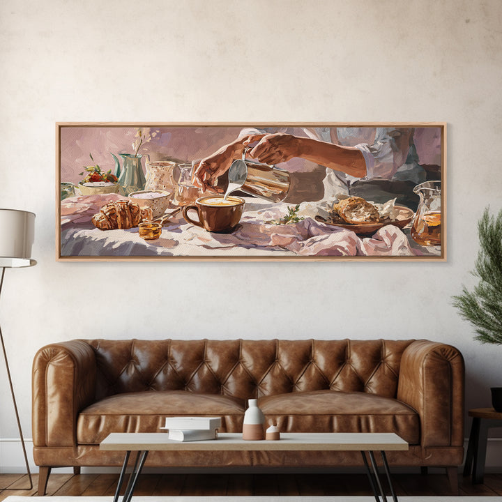 Barista Hands Pouring Milk into Espresso Canvas Print, Coffee Shop Art, Dopamine Decor, Cafe Decor, Cafe, Coffee Wall Art, CSA-3x1-13