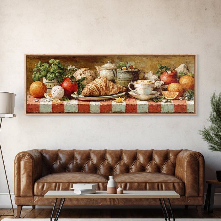 Croissant and Cappuccino on Striped Cloth Canvas Print, Coffee Shop Art, Moody Wall Art, Cafe Decor, Cafe, Luxury Decor, CSA-3x1-21