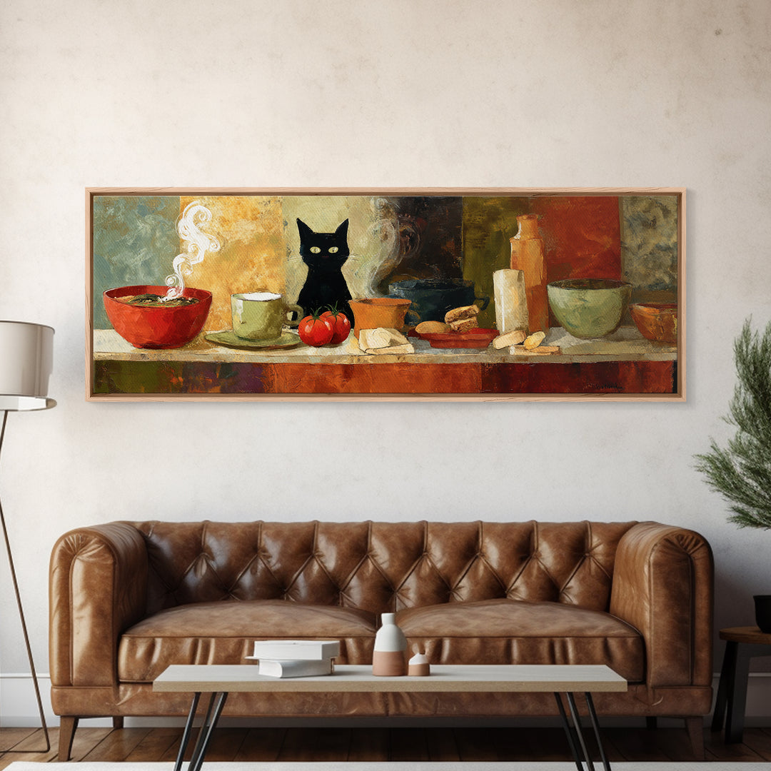 Black Cat Beside a Steaming Cup Canvas Print, Coffee Shop Art, Printable, Cafe Decor, Fine Art, Cafe, Dopamine Decor, CSA-3x1-30