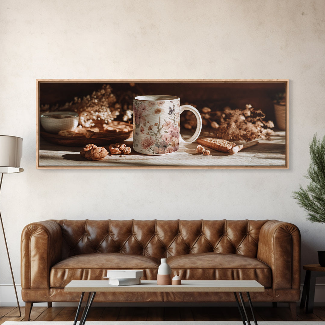 Ceramic Mug with Wildflowers Around It Framed Canvas Print, Coffee Shop Art, Coffee Wall Art, Cafe Decor, Fine Art, Cafe, CSA-3x1-32