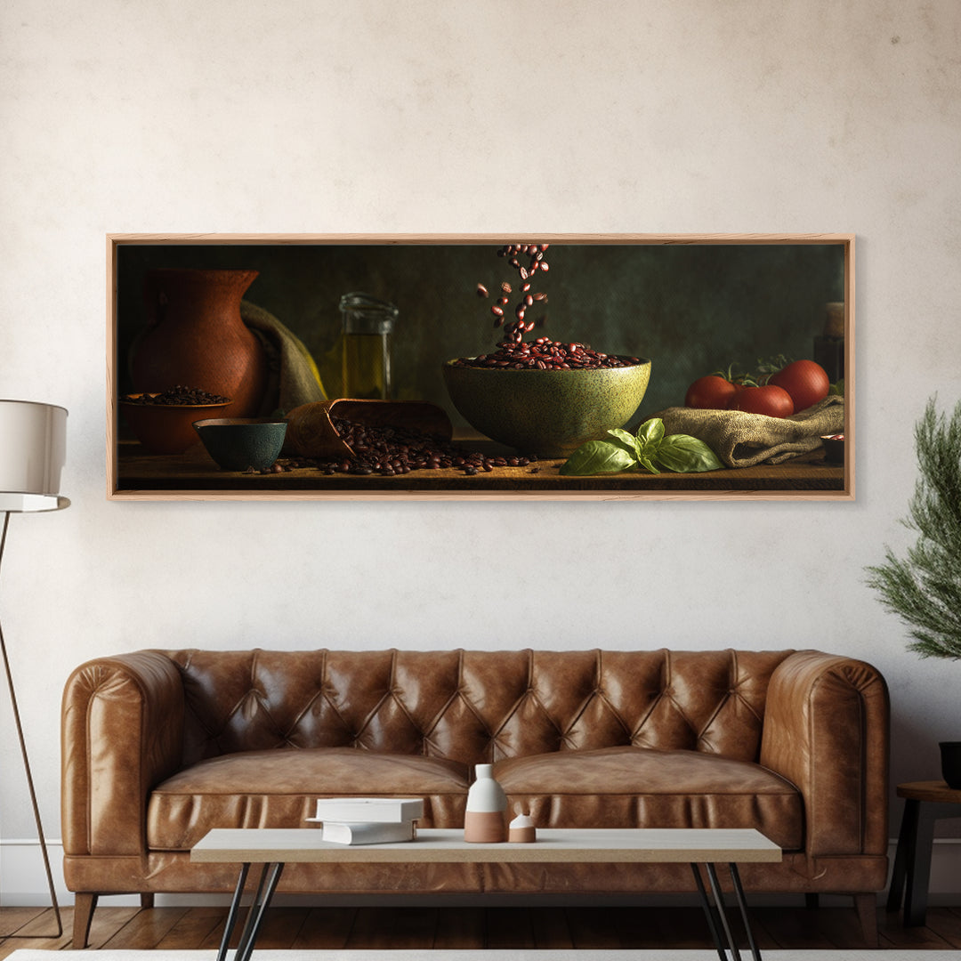 Roasted Beans Falling Through Dark Space Canvas Print, Coffee Shop Art, Gallery Decor, Cafe Decor, Fine Art, Cafe, Wall Art, CSA-3x1-36