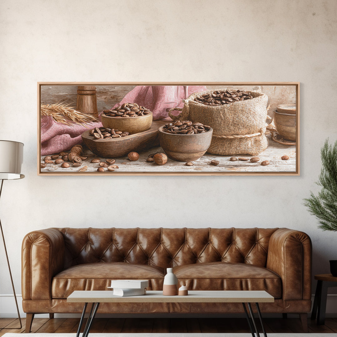 Coffee Beans and Burlap Sack Still Life Canvas Print, Coffee Shop Art, Canvas Print, Cafe Decor, Fine Art, Cafe, Neutral Decor, CSA-3x1-42