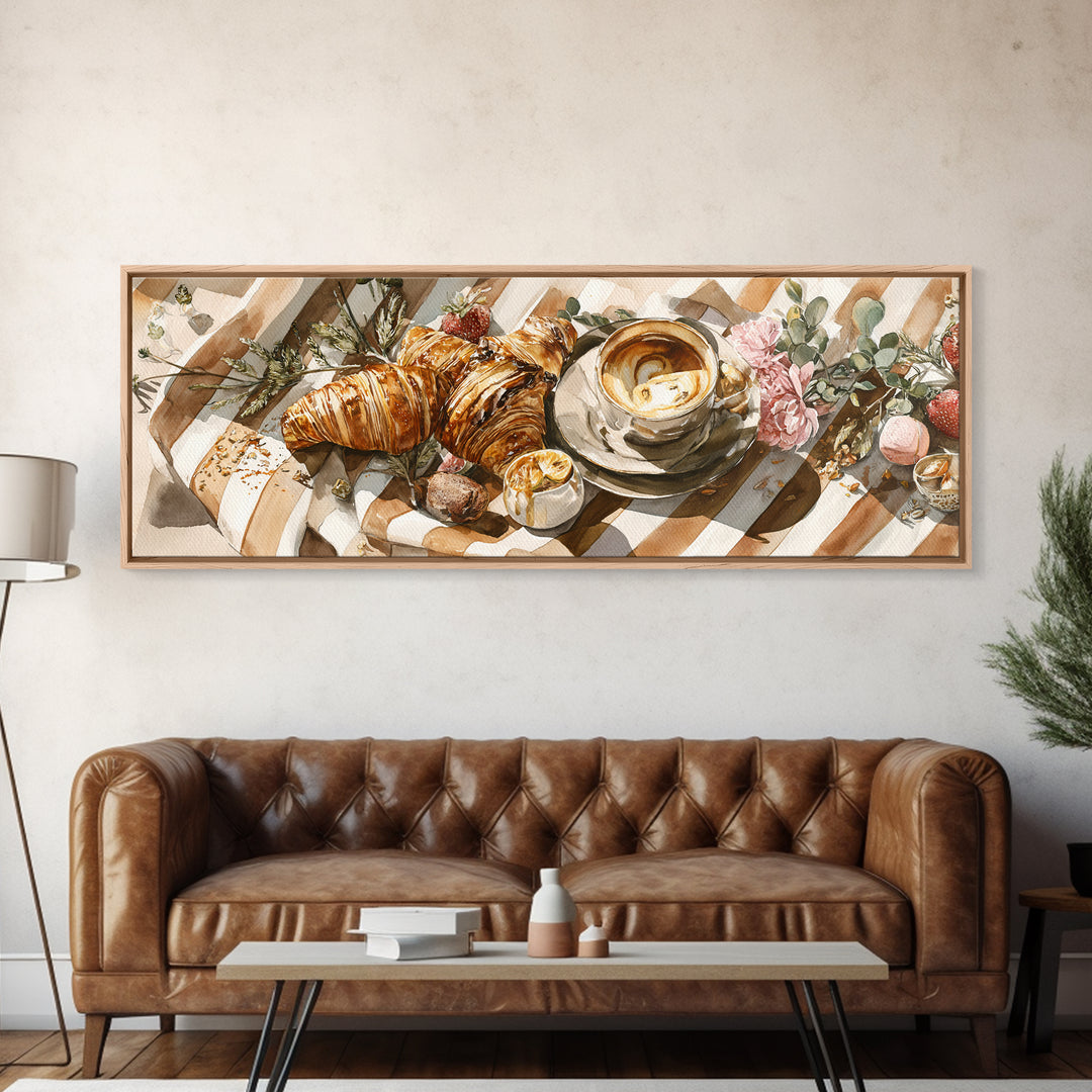 Croissant and Cappuccino on Striped Cloth Canvas Print, Coffee Shop Art, Moody Wall Art, Cafe Decor, Cafe, Luxury Decor, CSA-3x1-45