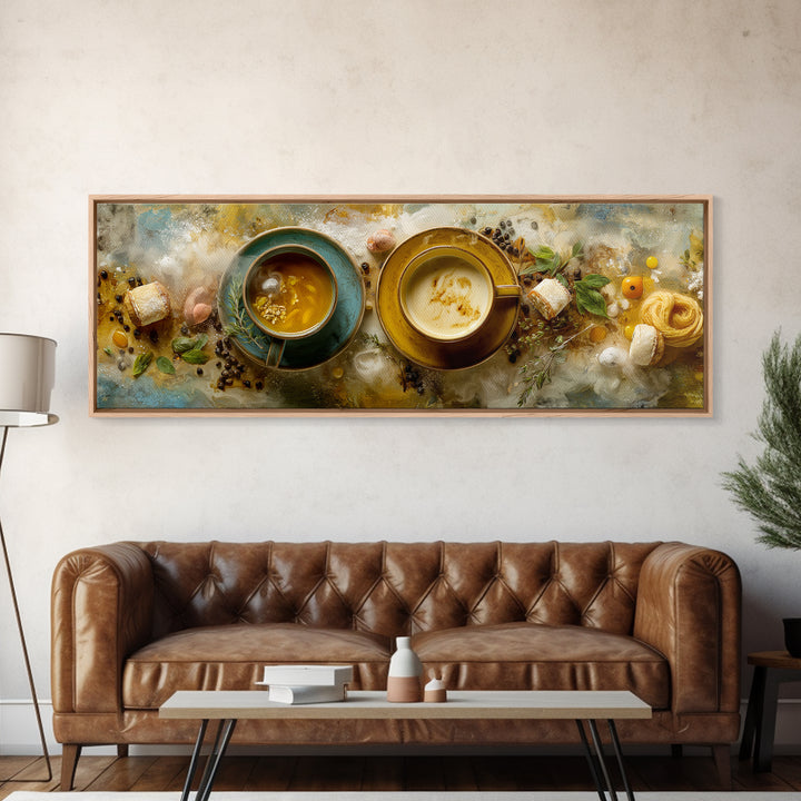 Two Cups Facing Each Other Framed Canvas Print, Coffee Shop Art, Coffee Art, Cafe Decor, Fine Art, Cafe, Textured Painting, CSA-3x1-53