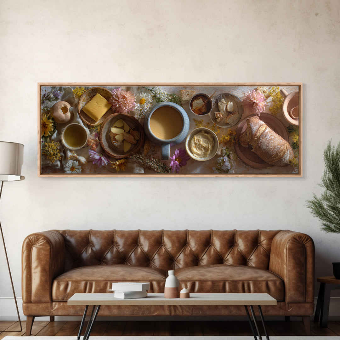 Ceramic Mug with Wildflowers Around It Framed Canvas Print, Coffee Shop Art, Minimalist Decor, Cafe Decor, Oil Painting, Cafe, CSA-3x1-56