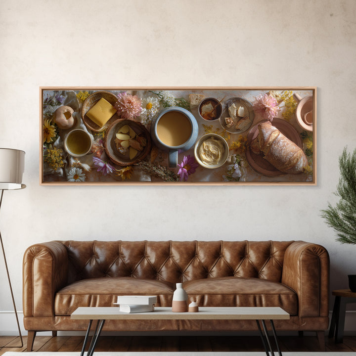 Ceramic Mug with Wildflowers Around It Framed Canvas Print, Coffee Shop Art, Minimalist Decor, Cafe Decor, Oil Painting, Cafe, CSA-3x1-56