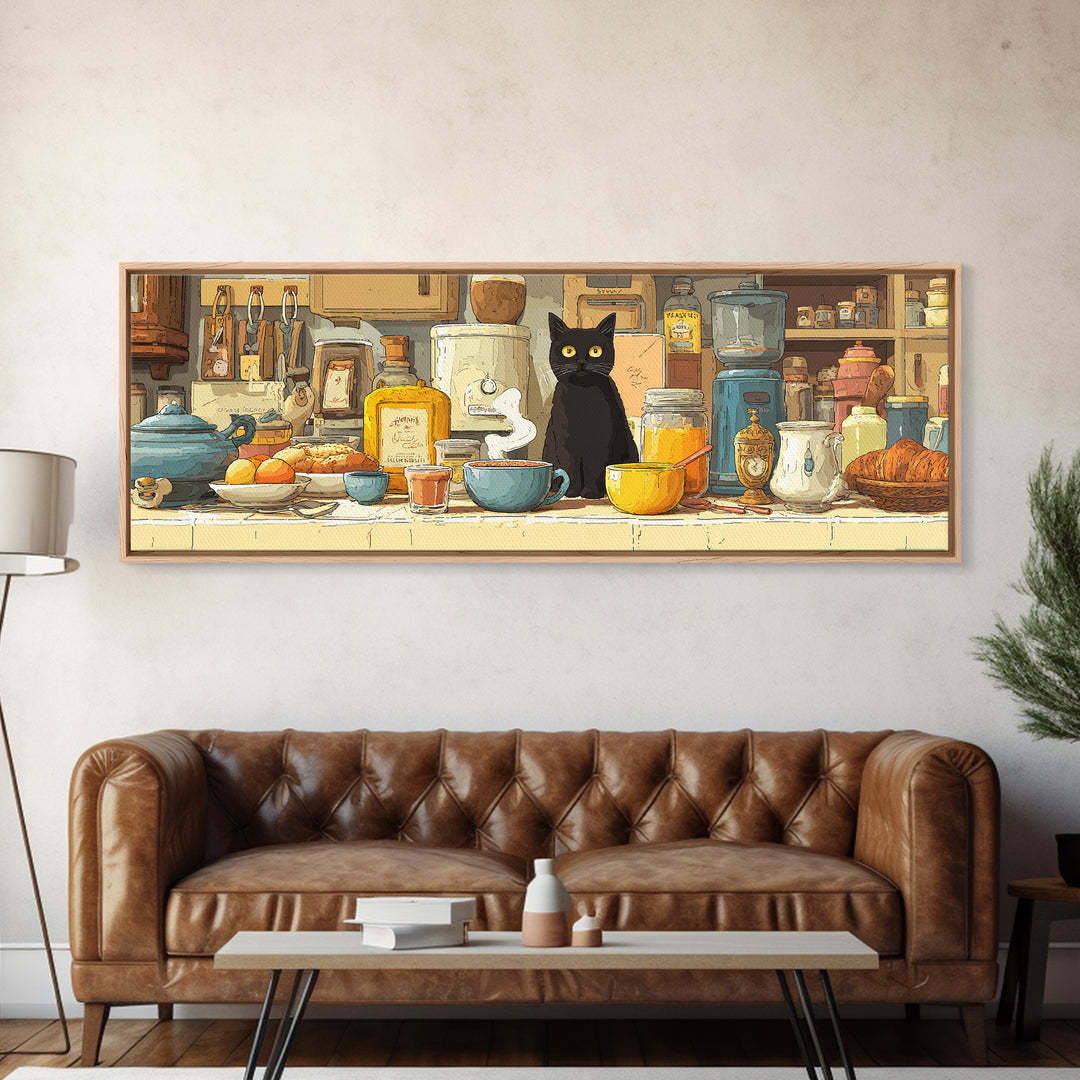 Black Cat Beside a Steaming Cup Canvas Print, Coffee Shop Art, Moody Wall Art, Cafe Decor, Fine Art, Cafe, Luxury Decor, CSA-3x1-6