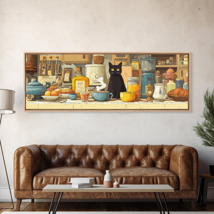 Black Cat Beside a Steaming Cup Canvas Print, Coffee Shop Art, Moody Wall Art, Cafe Decor, Fine Art, Cafe, Luxury Decor, CSA-3x1-6