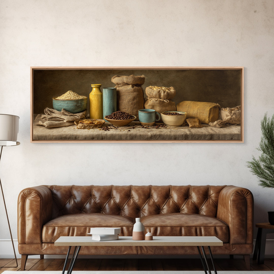Coffee Beans and Burlap Sack Still Life Canvas Print, Coffee Shop Art, Canvas Print, Cafe Decor, Fine Art, Cafe, Neutral Decor, CSA-3x1-66
