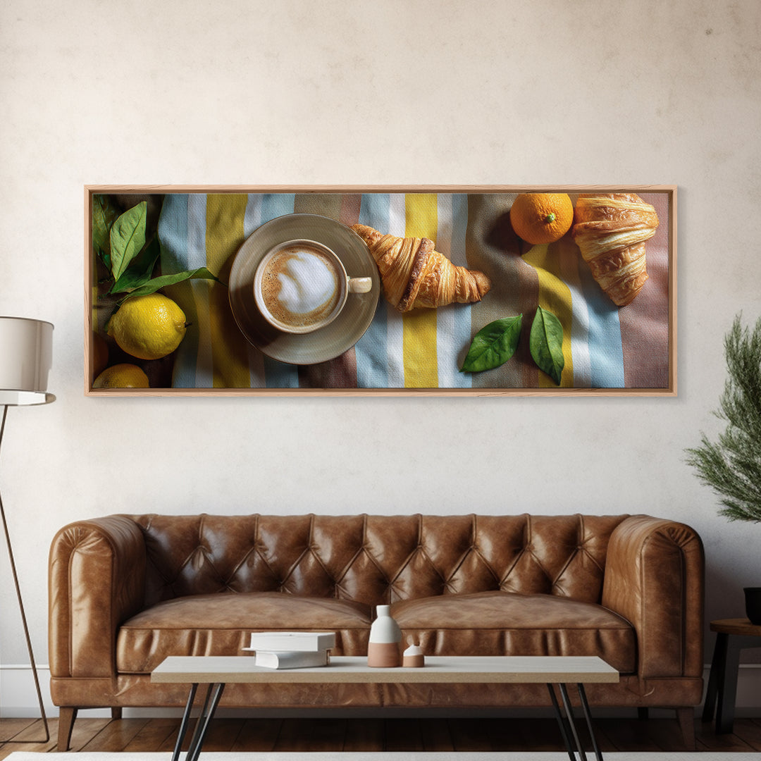Croissant and Cappuccino on Striped Cloth Framed Canvas Print, Coffee Shop Art, Gallery Decor, Cafe Decor, Fine Art, Cafe, CSA-3x1-69