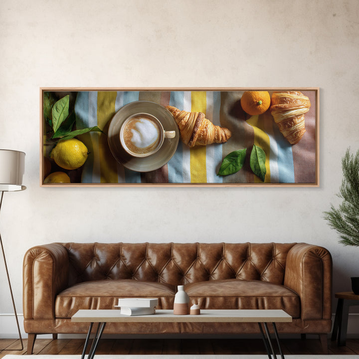 Croissant and Cappuccino on Striped Cloth Framed Canvas Print, Coffee Shop Art, Gallery Decor, Cafe Decor, Fine Art, Cafe, CSA-3x1-69