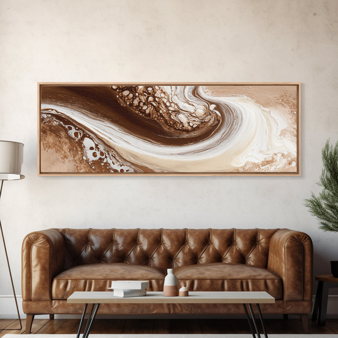 Abstract Brown and Cream Coffee Swirl Framed Canvas Print, Coffee Shop Art, Neutral Decor, Cafe Decor, Fine Art, Cafe, CSA-3x1-73
