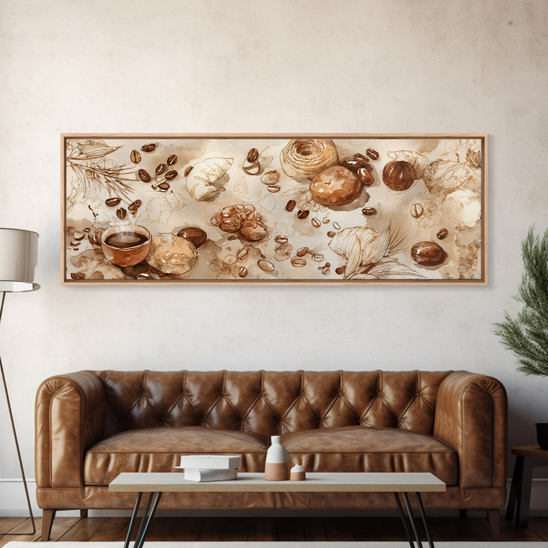 Coffee Bean Pattern Framed Canvas Print, Coffee Shop Art, Kitchen Gift, Cafe Decor, Oil Painting, Cafe, Coffee Art, Food Art, CSA-3x1-79