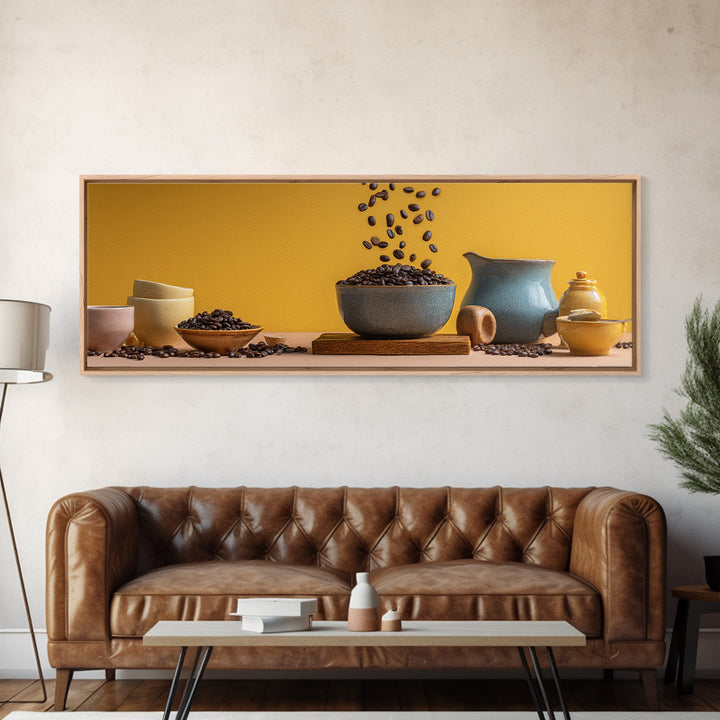 Roasted Beans Falling Through Dark Space Framed Canvas Print, Coffee Shop Art, Printable, Cafe Decor, Fine Art, Cafe, CSA-3x1-84