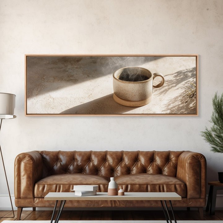Espresso Cup with Rising Steam and Warm Framed Canvas Print, Coffee Shop Art, Boho Decor, Cafe Decor, Oil Painting, Cafe, CSA-3x1-89