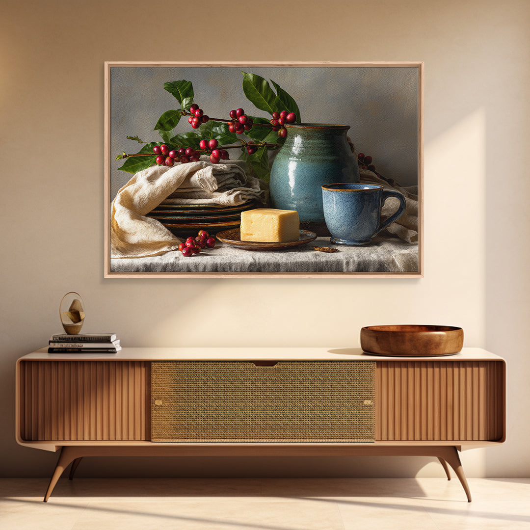 Botanical Coffee Plant Branch Framed Canvas Print, Coffee Shop Art, Dopamine Decor, Cafe Decor, Oil Painting, Cafe, CSA-3x2-10