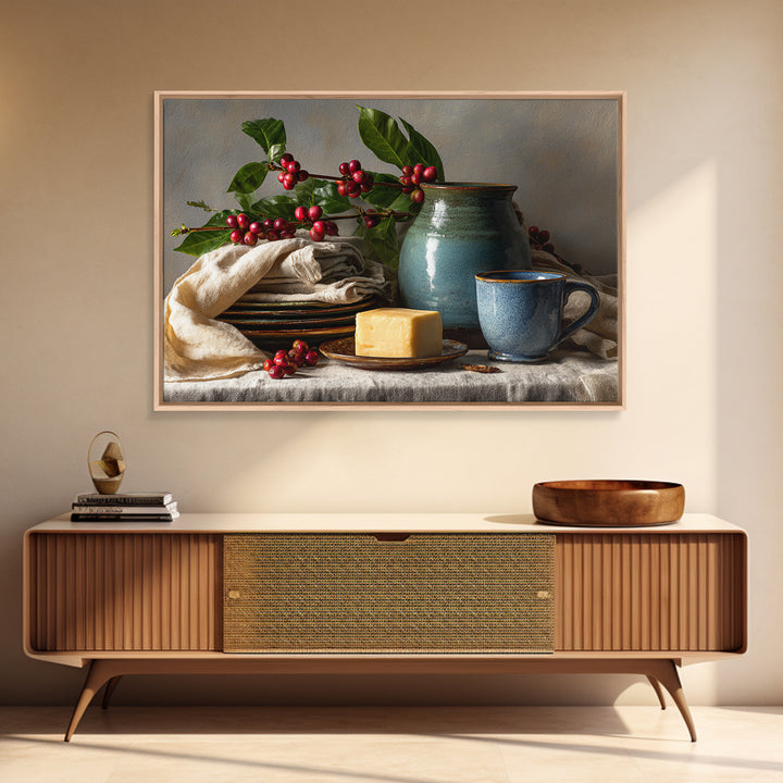 Botanical Coffee Plant Branch Framed Canvas Print, Coffee Shop Art, Dopamine Decor, Cafe Decor, Oil Painting, Cafe, CSA-3x2-10