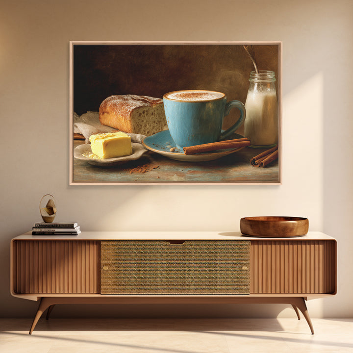 Cinnamon Sticks and Cappuccino Foam Still Life Framed Canvas Print, Coffee Shop Art, Bedroom Wall Art, Cafe Decor, Cafe, CSA-3x2-28