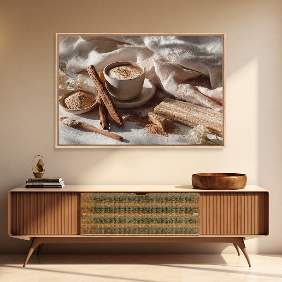 Cinnamon Sticks and Cappuccino Foam Still Life Canvas Print, Coffee Shop Art, Kitchen Gift, Cafe Decor, Oil Painting, Cafe, CSA-3x2-4