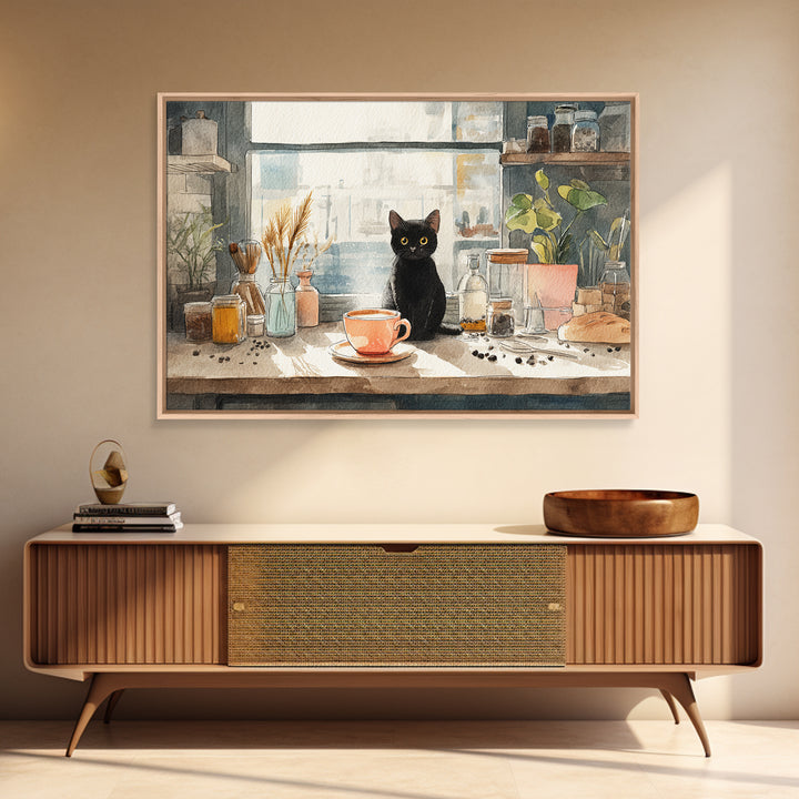 Black Cat Beside a Steaming Cup Canvas Print, Coffee Shop Art, Canvas Print, Cafe Decor, Fine Art, Cafe, Neutral Decor, CSA-3x2-42