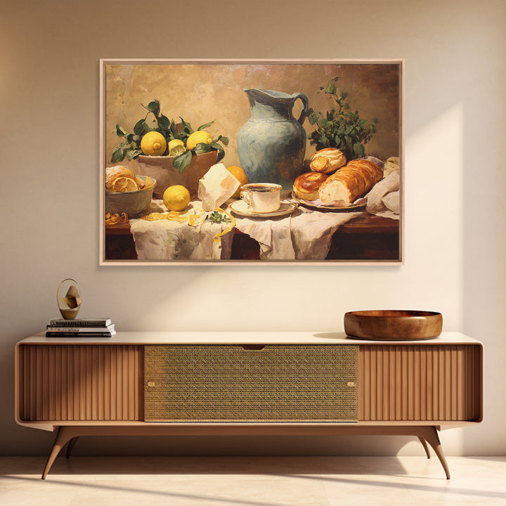 Sunlit Pastry and Coffee Arrangement Framed Canvas Print, Coffee Shop Art, Digital Wall Art, Cafe Decor, Oil Painting, Cafe, CSA-3x2-47