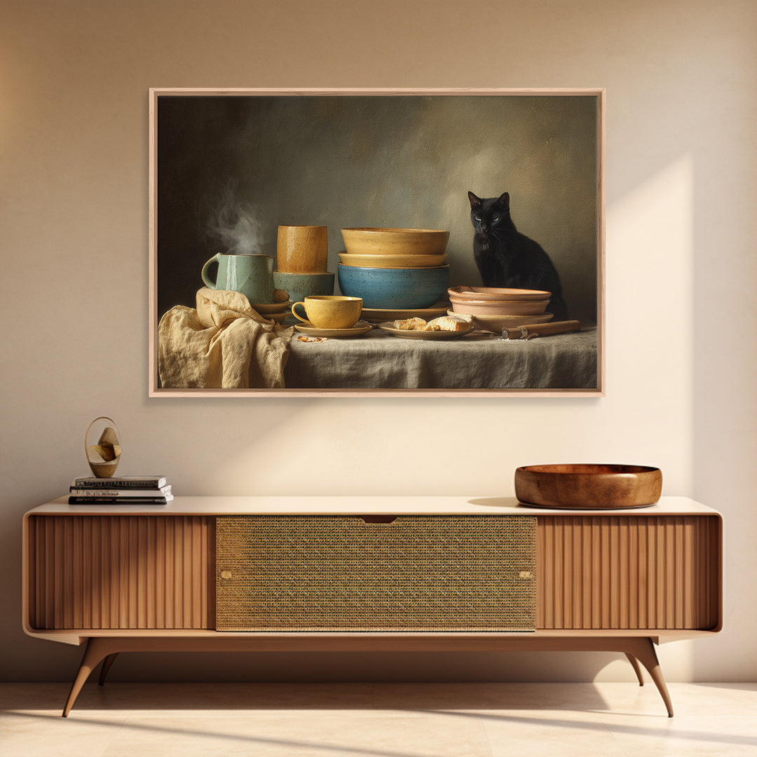 Black Cat Beside a Steaming Cup Canvas Print, Coffee Shop Art, Canvas Print, Cafe Decor, Fine Art, Cafe, Neutral Decor, CSA-3x2-66
