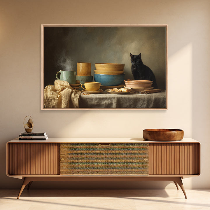 Black Cat Beside a Steaming Cup Canvas Print, Coffee Shop Art, Canvas Print, Cafe Decor, Fine Art, Cafe, Neutral Decor, CSA-3x2-66