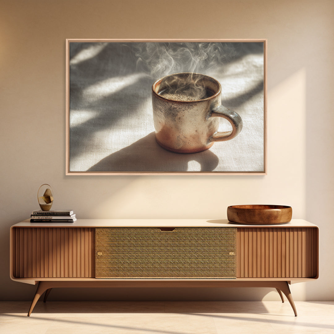 Espresso Cup with Rising Steam and Warm Framed Canvas Print, Coffee Shop Art, Room Decor, Cafe Decor, Fine Art, Cafe, CSA-3x2-77