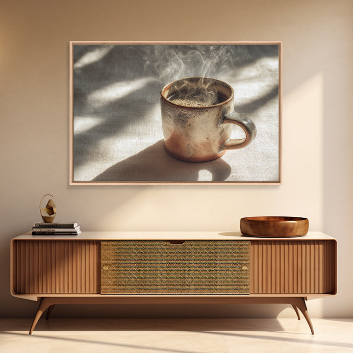 Espresso Cup with Rising Steam and Warm Framed Canvas Print, Coffee Shop Art, Room Decor, Cafe Decor, Fine Art, Cafe, CSA-3x2-77