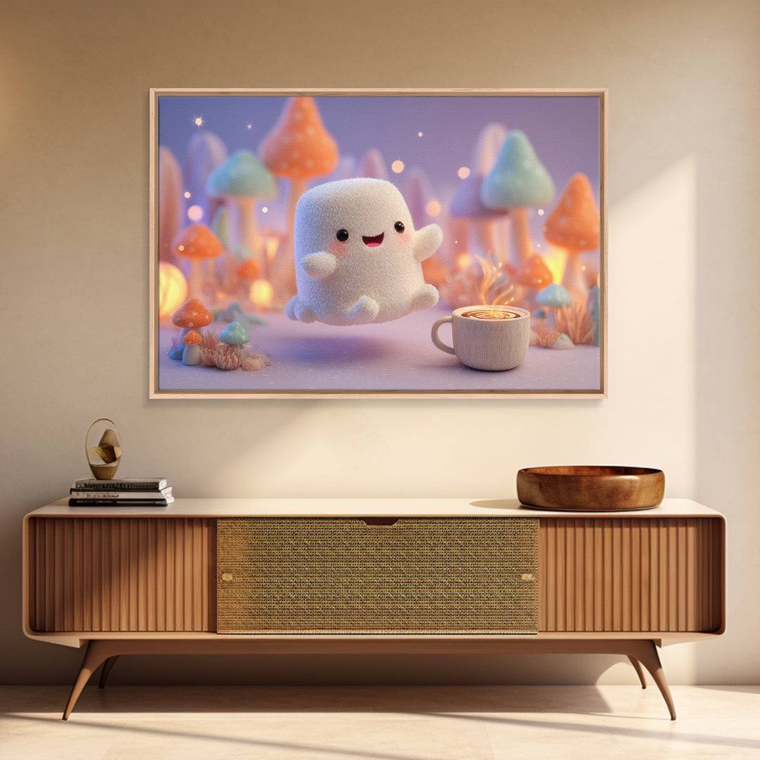 The Marshmallow Ghost, Storybook Halloween Art, Landscape Wall Art, Framed Canvas Print, Halloween Kids Decor, Whimsical Wall Art