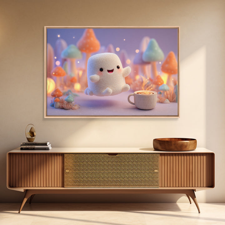 The Marshmallow Ghost, Storybook Halloween Art, Landscape Wall Art, Framed Canvas Print, Halloween Kids Decor, Whimsical Wall Art