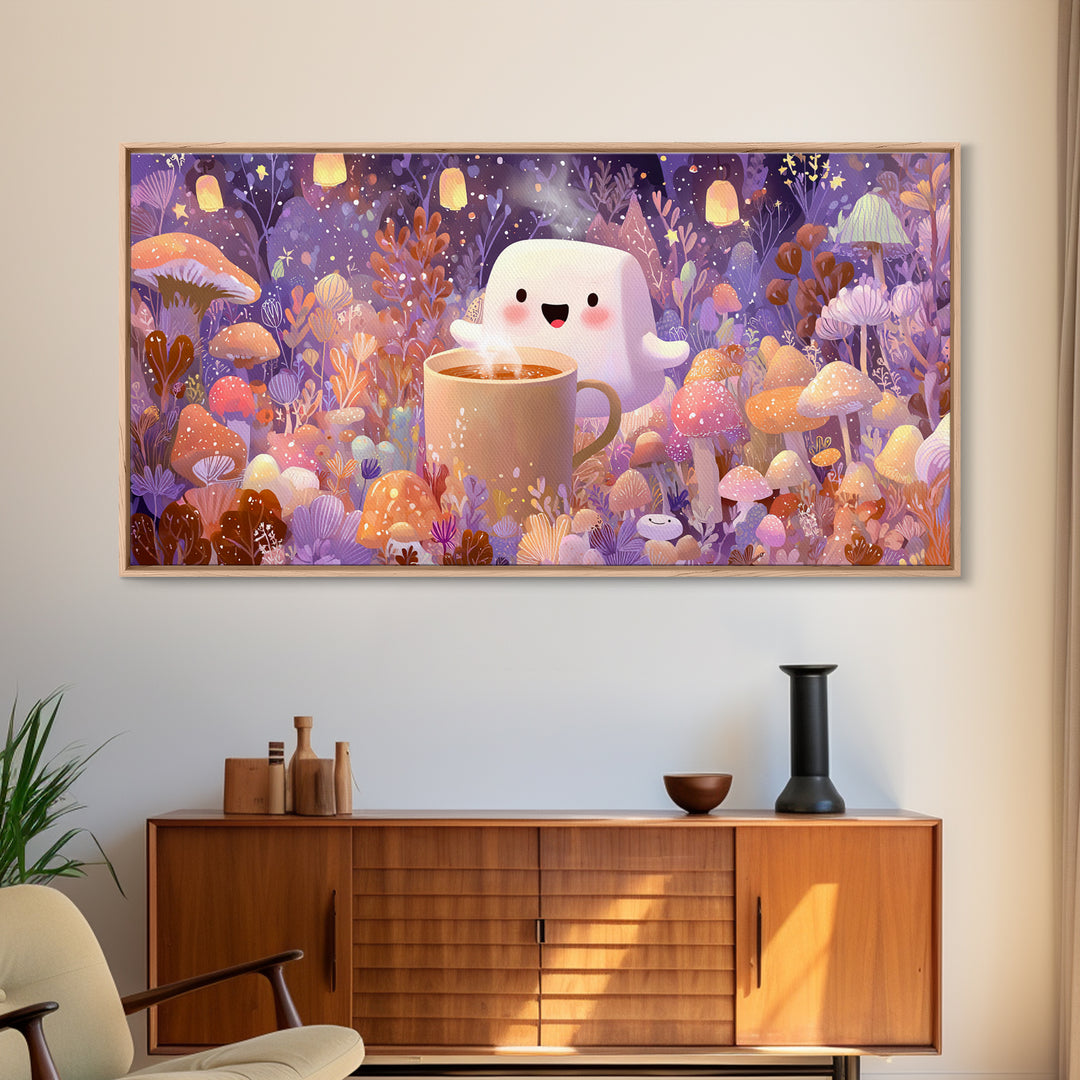The Marshmallow Ghost, Storybook Halloween Art, Wide Panoramic Art, Canvas Print, Halloween Kids Decor, Whimsical Wall Art