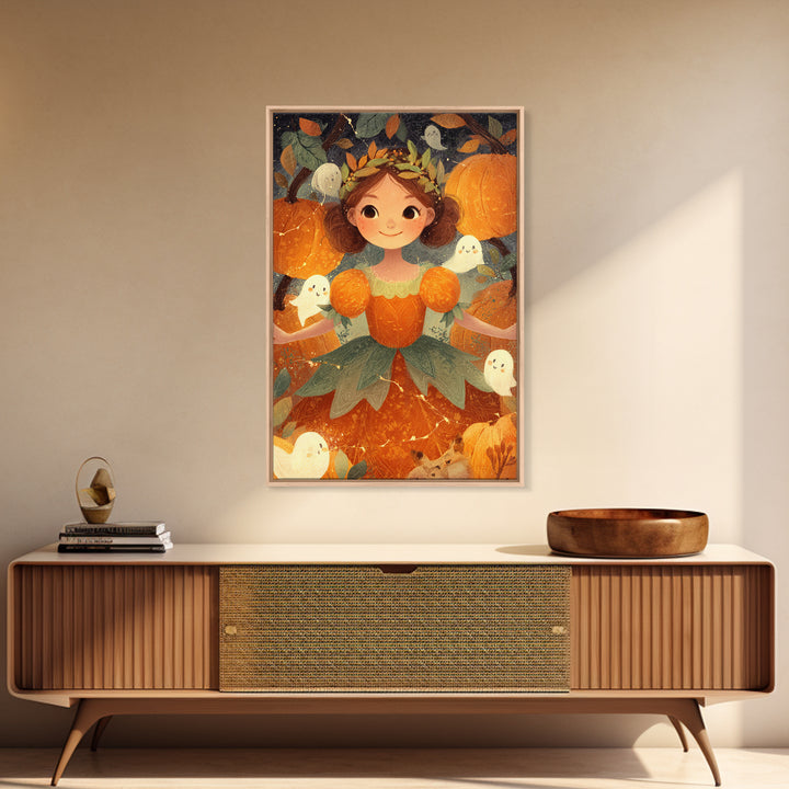 The Pumpkin Princess, Cute Spooky Wall Art, Vertical Wall Art, Canvas Print, Halloween Kids Decor, Whimsical Wall Art, Spooky Wall Decor