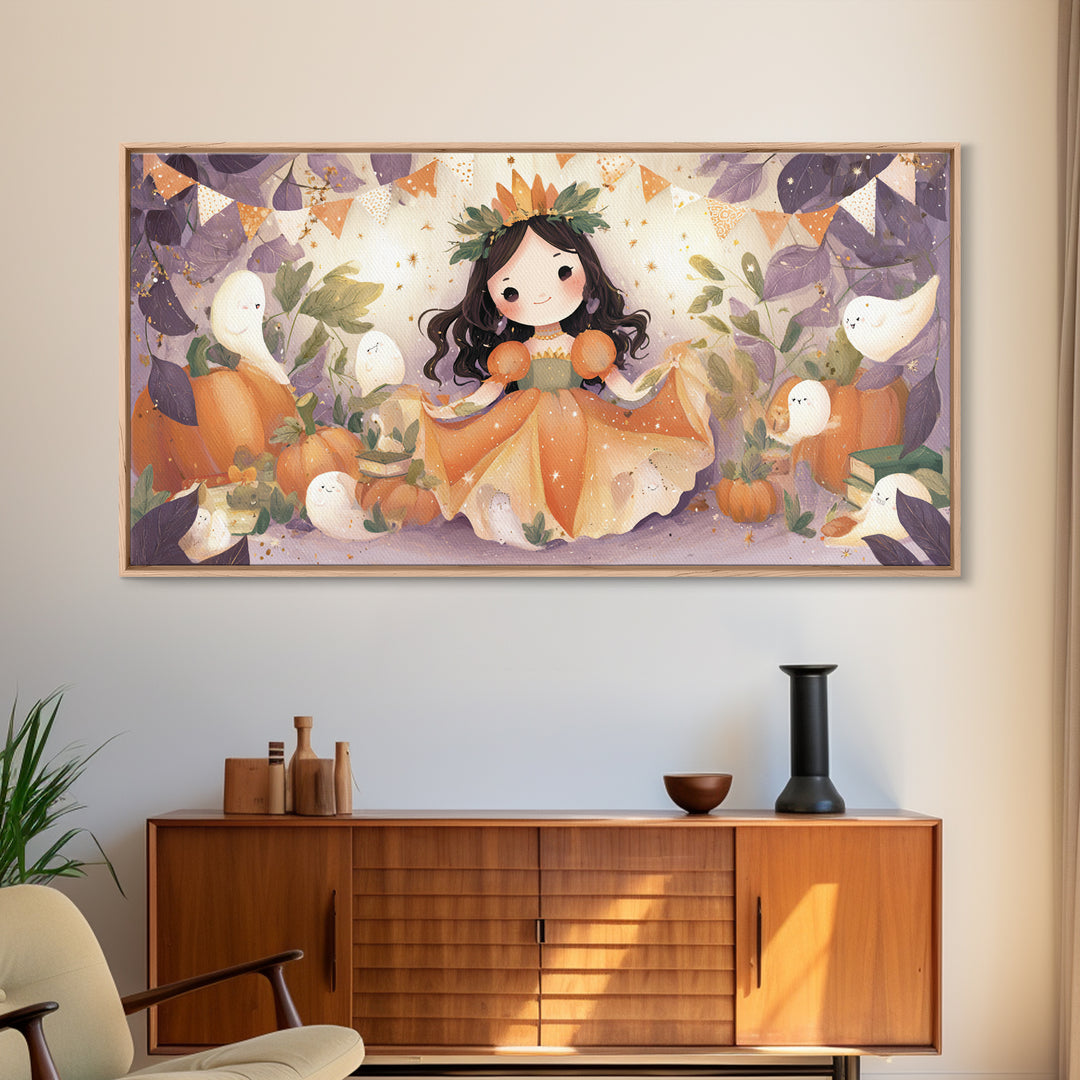 The Pumpkin Princess, Cute Halloween Wall Art, Wide Panoramic Art, Framed Canvas Print, Halloween Kids Decor, Whimsical Wall Art