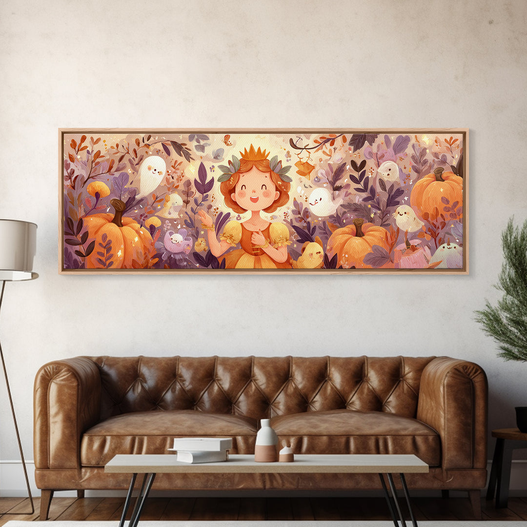 The Pumpkin Princess, Cute Spooky Wall Art, Extra Wide Wall Art, Canvas Print, Halloween Kids Decor, Whimsical Wall Art, Halloween Decor