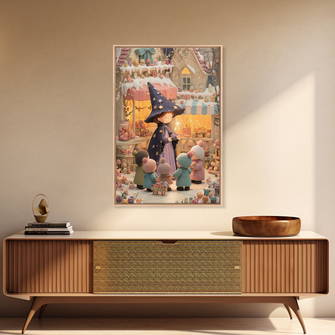 The Little Star Witch, Cute Halloween Wall Art, Vertical Wall Art, Framed Canvas Print, Halloween Kids Decor, Whimsical Wall Art