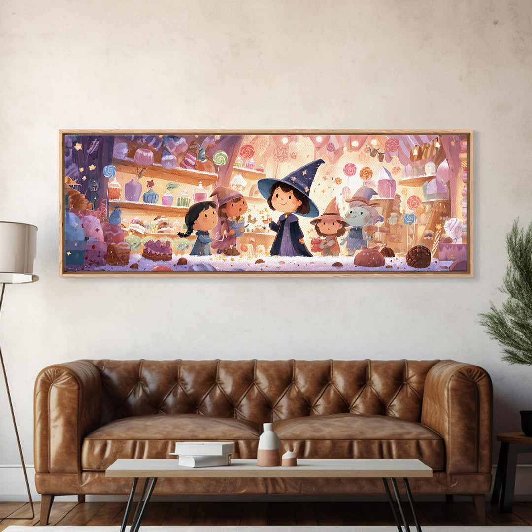 The Little Star Witch, Storybook Halloween Art, Extra Wide Wall Art, Framed Canvas Print, Halloween Kids Decor, Whimsical Wall Art