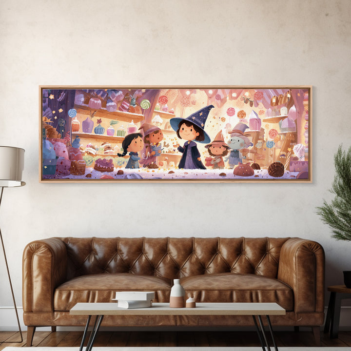 The Little Star Witch, Storybook Halloween Art, Extra Wide Wall Art, Framed Canvas Print, Halloween Kids Decor, Whimsical Wall Art