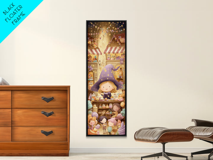 The Little Star Witch, Whimsical Halloween Art, Tall Narrow Wall Art, Framed Canvas Print, Halloween Kids Decor, Whimsical Wall Art