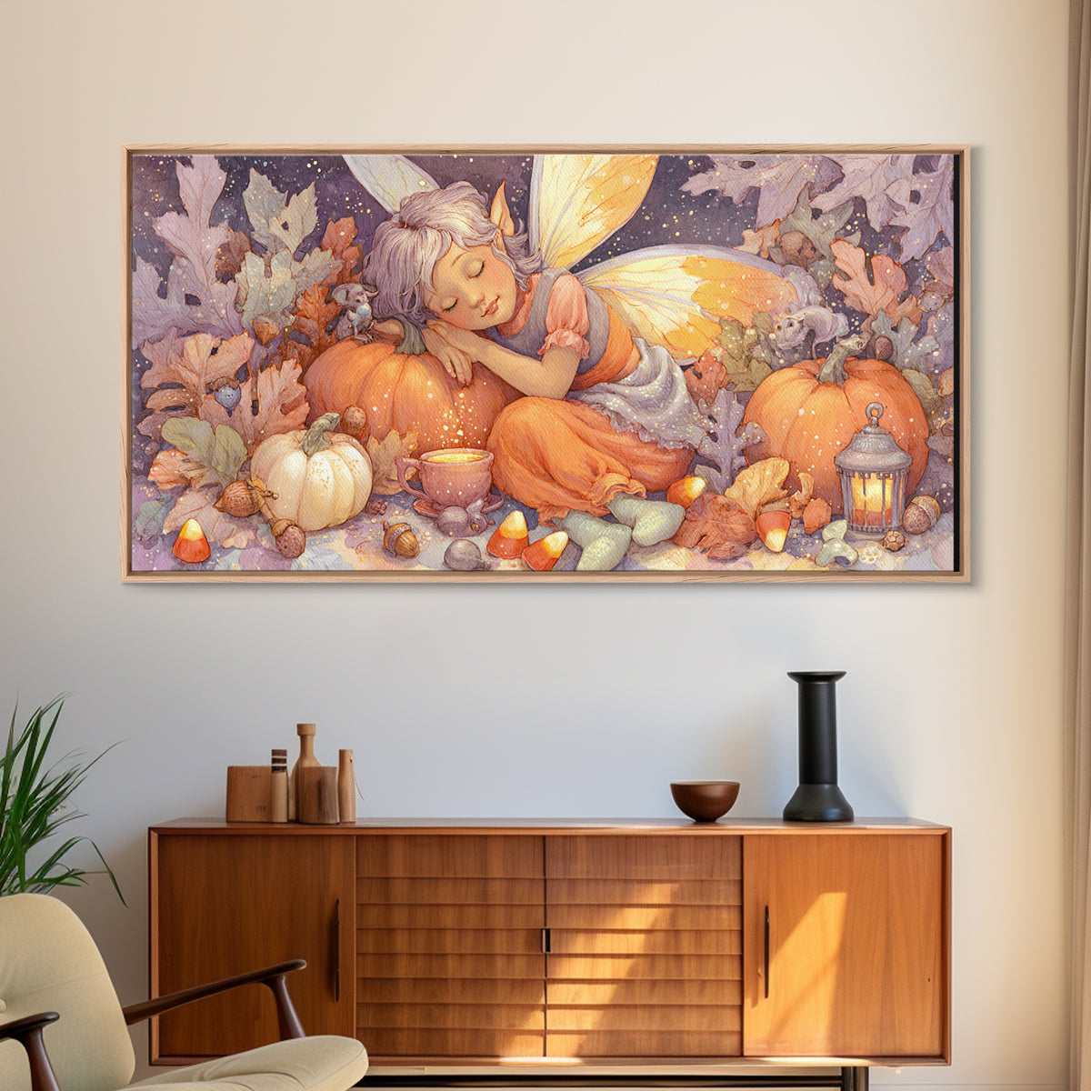 The Candy Corn Fairy, Storybook Halloween Art, Wide Panoramic Art, Canvas Print, Halloween Kids Decor, Whimsical Wall Art