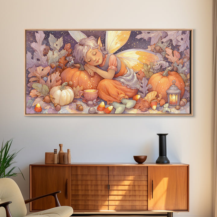 The Candy Corn Fairy, Storybook Halloween Art, Wide Panoramic Art, Canvas Print, Halloween Kids Decor, Whimsical Wall Art