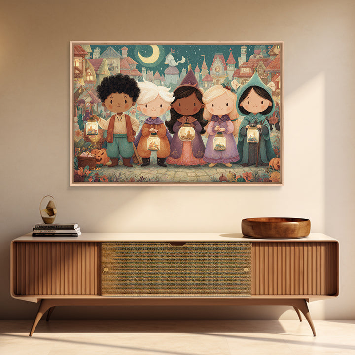 The Moonbeam Wizard, Whimsical Halloween Art, Landscape Wall Art, Framed Canvas Print, Halloween Kids Decor, Whimsical Wall Art