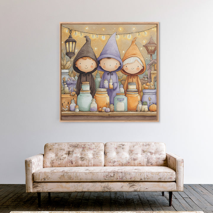 The Moonbeam Wizard, Storybook Halloween Art, Square Wall Art, Framed Canvas Print, Halloween Kids Decor, Whimsical Wall Art
