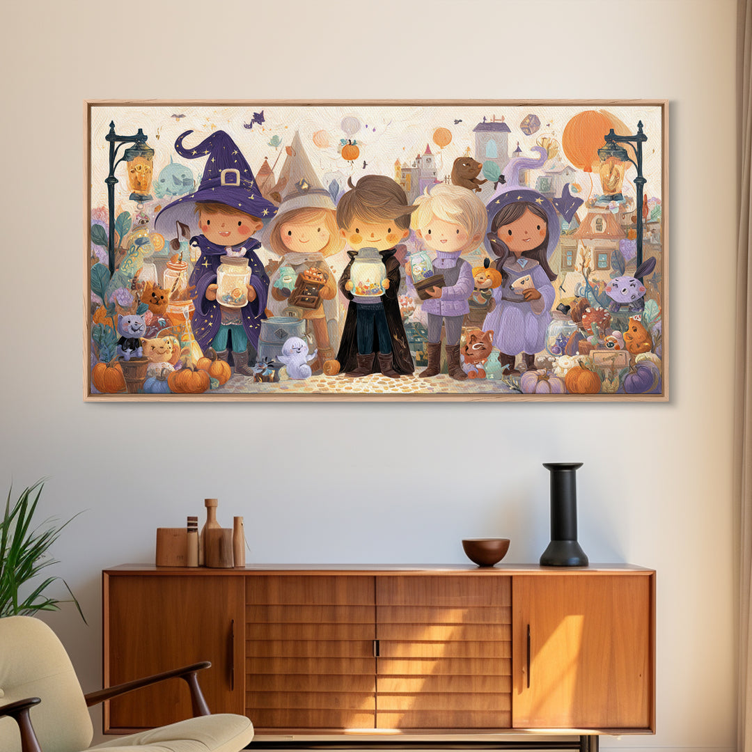 The Moonbeam Wizard, Whimsical Halloween Art, Wide Panoramic Art, Canvas Print, Halloween Kids Decor, Whimsical Wall Art, Horror Wall Art