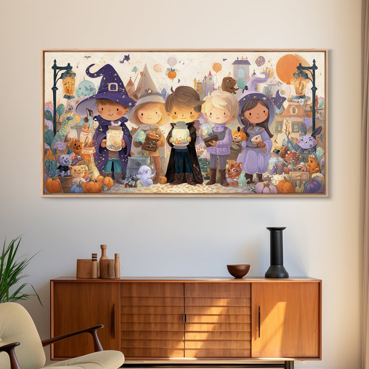 The Moonbeam Wizard, Whimsical Halloween Art, Wide Panoramic Art, Canvas Print, Halloween Kids Decor, Whimsical Wall Art, Horror Wall Art