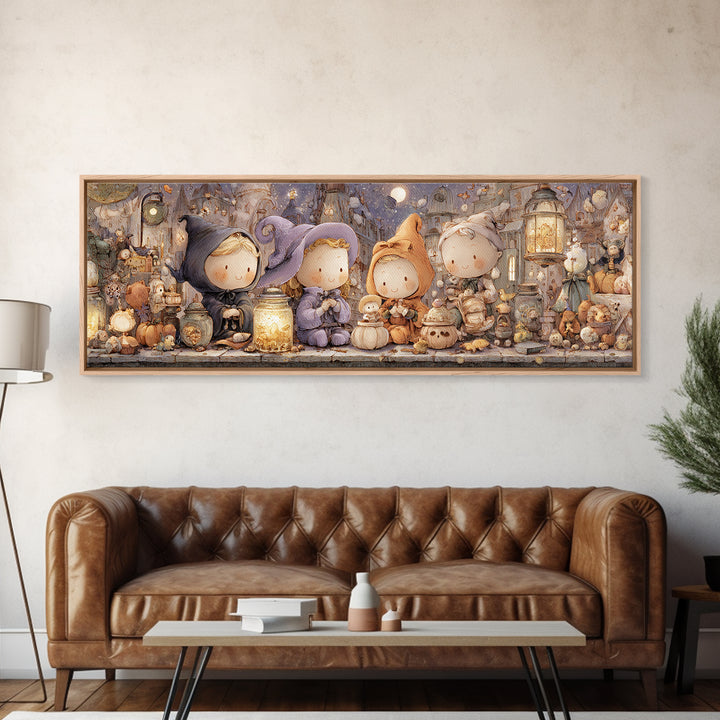 The Moonbeam Wizard, Whimsical Halloween Art, Extra Wide Wall Art, Framed Canvas Print, Halloween Kids Decor, Whimsical Wall Art