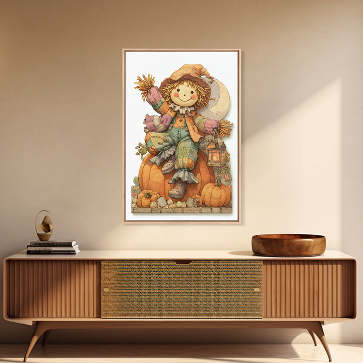 The Button-Nosed Scarecrow, Whimsical Halloween Art, Vertical Wall Art, Canvas Print, Halloween Kids Decor, Whimsical Wall Art